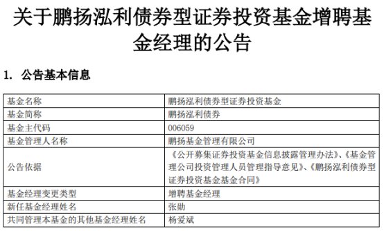 鹏扬泓利债券增聘基金经理张勋