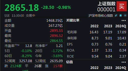 个股普跌，沪指半日下挫0.98%