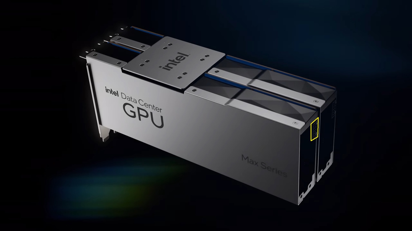 ▲ 英特尔 Data Center GPU Max 1100，注意黄框位置