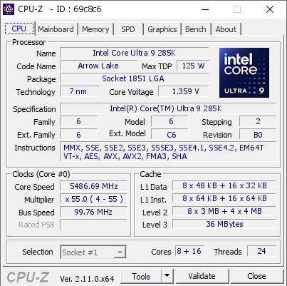 英特尔酷睿 Ultra 9 285K 的 CPU-Z 初步性能曝光：P 核 5.5 GHz，E 核 4.6 GHz