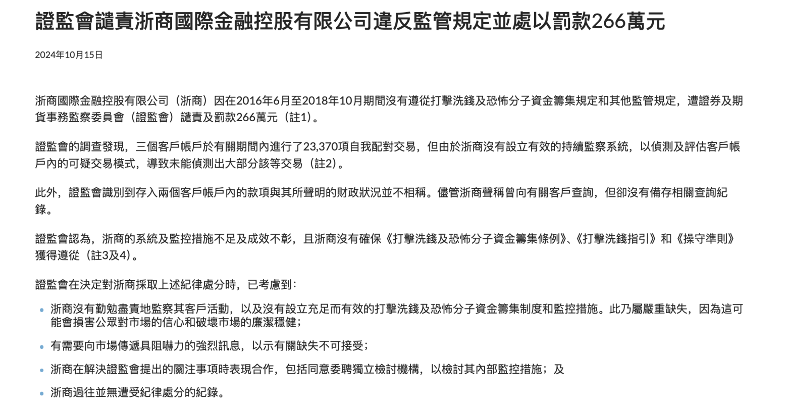 年内首个罚单，浙商证券境外子公司遭港证监谴责并罚款255万港元，直指自我配对交易