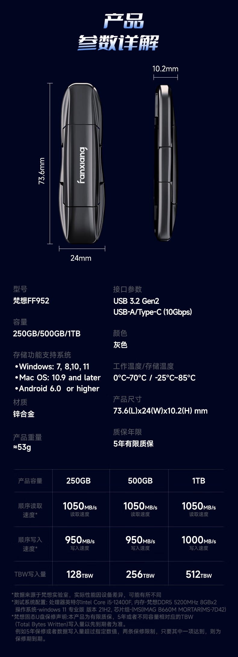 京东梵想 1TB 固态 U 盘 FF952Type-C 双接口 读 1050MB/s379 元直达链接