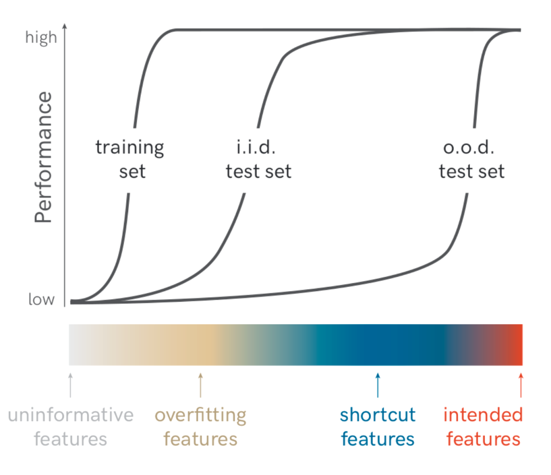如果模型与捷径特征过拟合，则它在分布外 (OOD) 测试集上的表现会很差。（图源：Geirhos et al. 2020）