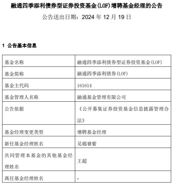 融通四季添利债券增聘吴嫣睿紫