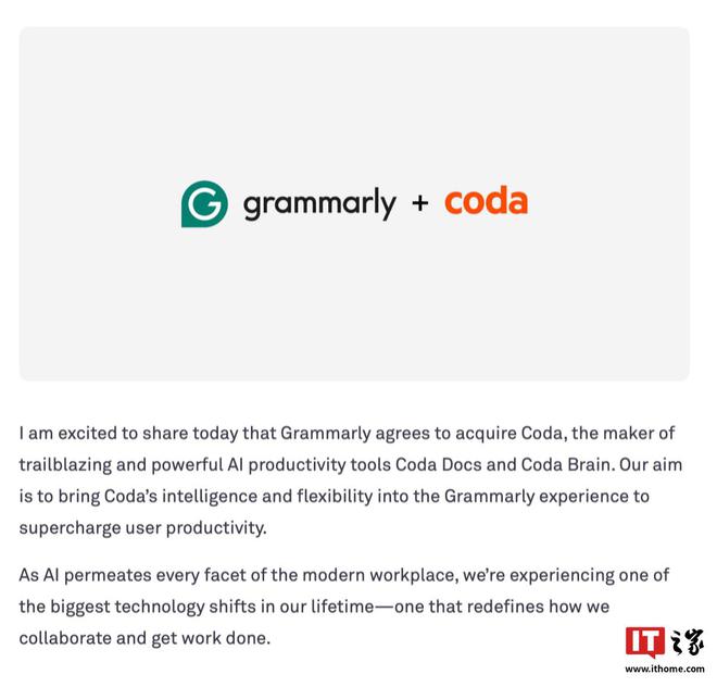 Grammarly 收购 AI 公司 Coda，将为企业推出大模型 LLM 助手