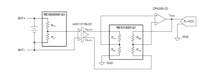 图3 采用RES60A-Q1、RES11A-Q1和AMC1311B-Q1的电池电压测量电路