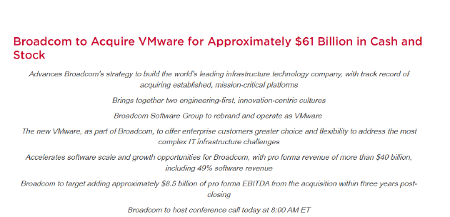博通宣布将以610亿美元现金或股票收购VMware