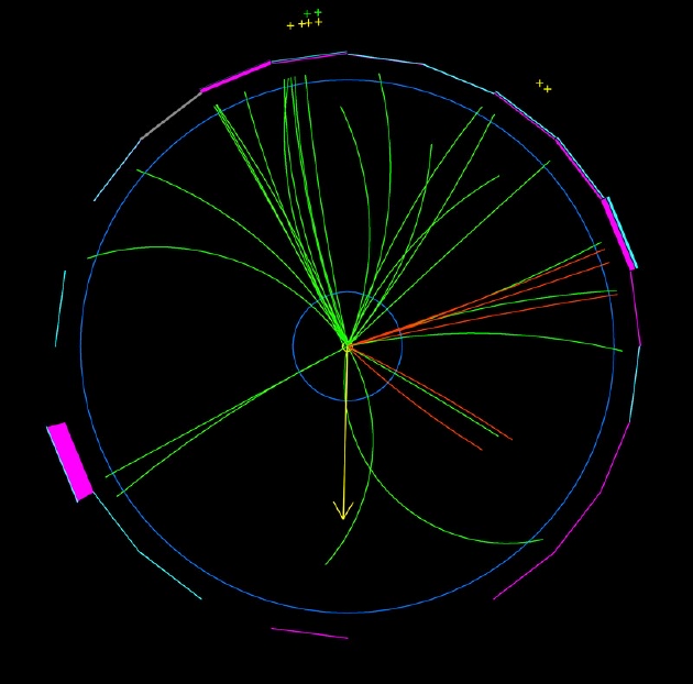 费米实验室CDF探测器的粒子碰撞计算机图像，显示了一个W玻色子衰变成一个正电子（左下洋红色块）和一个看不见的中微子（黄色箭头）。