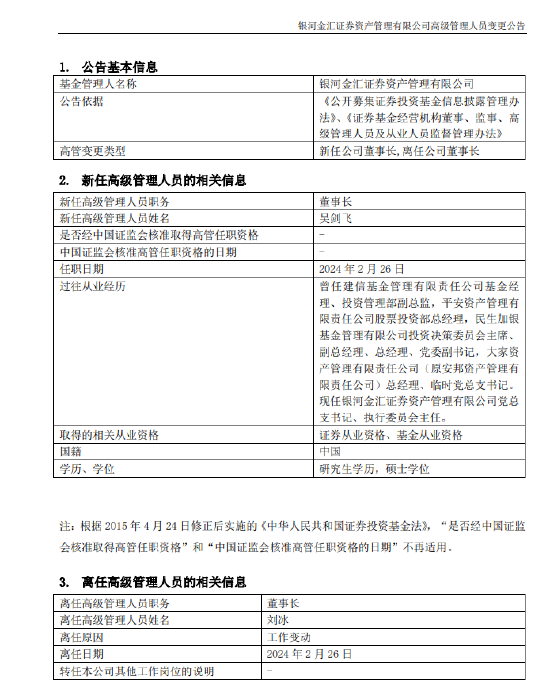 吴剑飞就任银河金汇第四任董事长 原为大家资管总经理